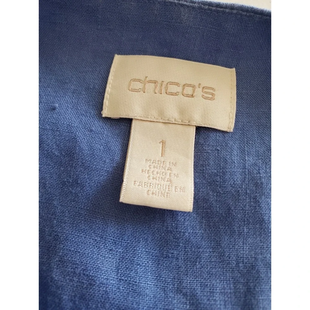 Chico's 1 Blue 100% Linen Jacket Collarless Zip Front‎ 3/4 Sleeve Medium